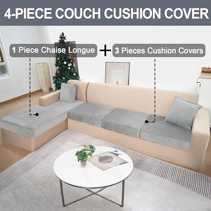 Sectional Couch Covers for 4-Piece Seat Cushion Velvet Separate L Shape Couch Cover Stretch Sofa Slipcover with 2 Pieces Pillowcases Furniture Protector (Sofa 3 Seater + 1 Chaise, Light Grey)
