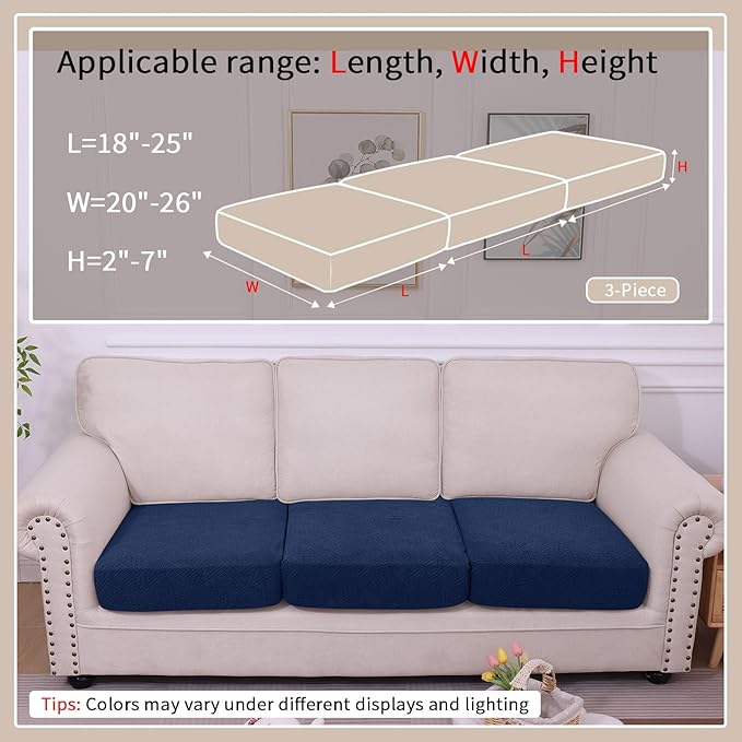 hyha Waterproof Couch Cushion Covers, Waterproof Sectional Couch Covers for 3 Cushion Sofa for Pets, Stretch Sofa Slipcover Washable with Elastic Bottom(3 Packs, Navy)
