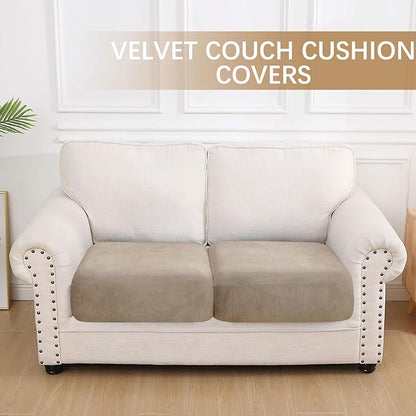 hyha Velvet Couch Cushion Covers, Soft Sofa Seat Covers for sectional 2 Cushion Couch Washable, Magic Sofa Slipcover with Elastic Bottom, Non-Slip Furniture Protector for Pets, Kid(2PC, Taupe)