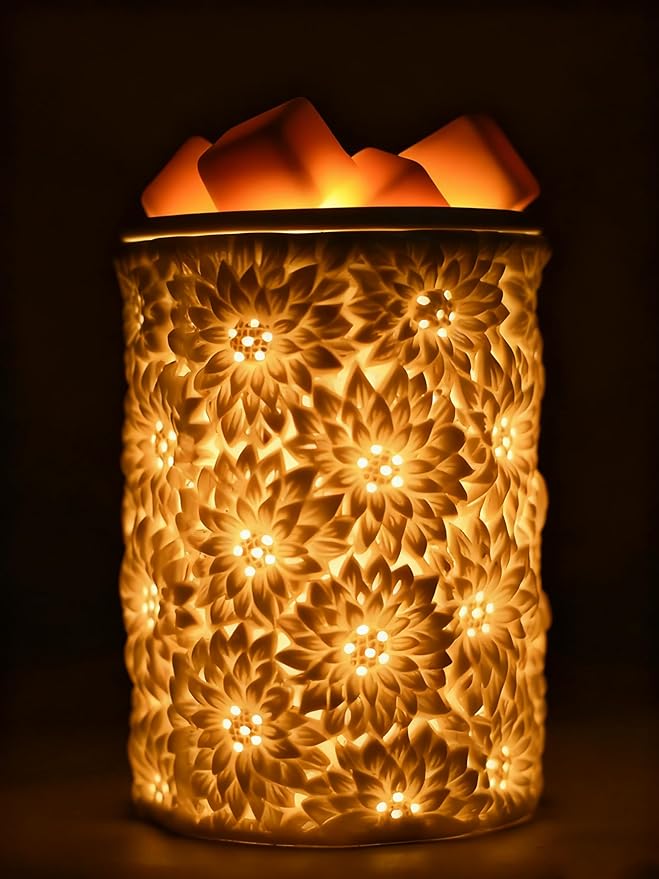 Sunflower Flower Wax Melt Warmer with Timer Dimmable Electric White Ceramic Christmas Oil Melter Cute Small Aromatherapy for Women Home Decorative Burner Light Scented Candle Tart Scent Warm Fragrance
