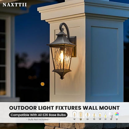 Porch Light Outdoor 14.5 Inch Black Exterior Light Fixtures 2-Pack Outside Light fixtures for House Water Reipple Handmade Solder Glass Aluminum Material and E26 Socket Downwards Installation