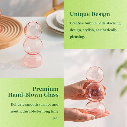 Glass Bubble Vases for Flowers, Hewory 2pcs Pink Unique Cute Single Flower Vase for Centerpieces, Funky Aesthetic Vase Skinny Bud Vase, Cool Groovy Decor for Home Living Room Bedroom Office Tabletop
