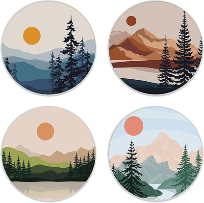 Drink Coasters Set of 4,Mountain and Tree Sunset Landscape Coasters for Drinks Ceramic Coasters with Cork Bottom for Kinds of Mugs and Cups,Home Decor,4''