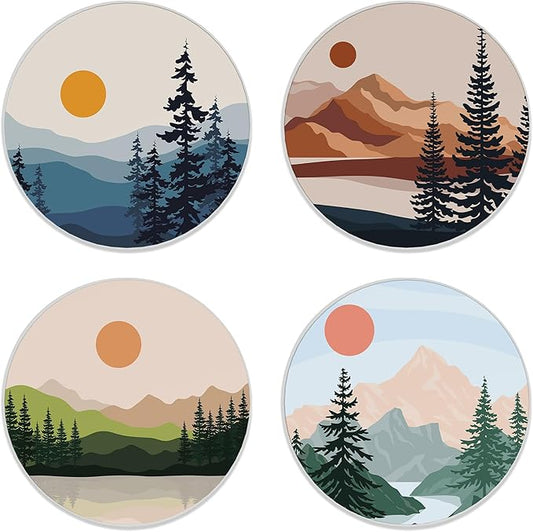 Drink Coasters Set of 4,Mountain and Tree Sunset Landscape Coasters for Drinks Ceramic Coasters with Cork Bottom for Kinds of Mugs and Cups,Home Decor,4''