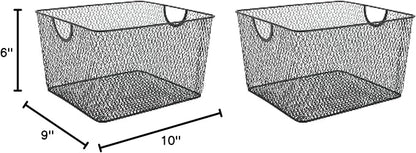 YBM HOME Household Wire Mesh Open Bin Shelf Storage Basket Organizer Black For Kitchen Pantry, Cabinet, Fruits, Vegetables, Pantry Items Toys 10” x 9” x 6”, 2-Pack, Black