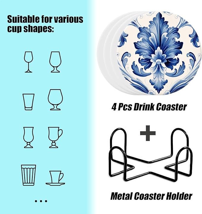Ceramic Drinking Coasters Set of 4,Water Absorbent Marble Ceramic Coasters Tabletop Protection,Blue Watercolor Texture Elements China Flower,Suitable for Various Cups,Home Decor，4 Inch
