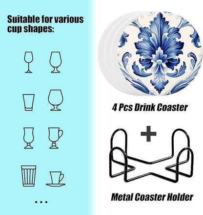 Ceramic Drinking Coasters Set of 4,Water Absorbent Marble Ceramic Coasters Tabletop Protection,Blue Watercolor Texture Elements China Flower,Suitable for Various Cups,Home Decor，4 Inch