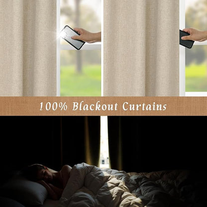 LAMIT Natural 100% Blackout Linen Curtains, 54 Inches Linen Textured Thermal Bedroom Curtains Back Tab and Rod Pocket Neutral Panels with White Liner for Farmhouse, 2 Panels, 42 x 54 Inch, Linen