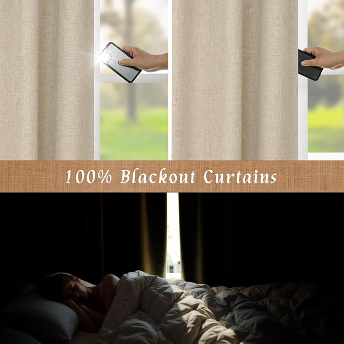 LAMIT 100% Blackout Natural Linen Curtains, 68 Inches Linen Textured Thermal Bedroom Curtains Back Tab and Rod Pocket Neutral Panels with White Liner for Farmhouse, 2 Panels, 52 x 68 Inch, Linen
