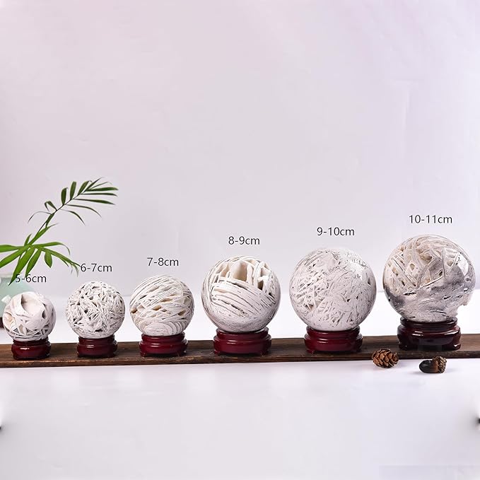 JIC Gem Mexican White Agate Crystal Ball with Wooden Stand White Healing Crystal Sphere Ball for Feng Shui Decor Spiritual Gifts 60-70mm