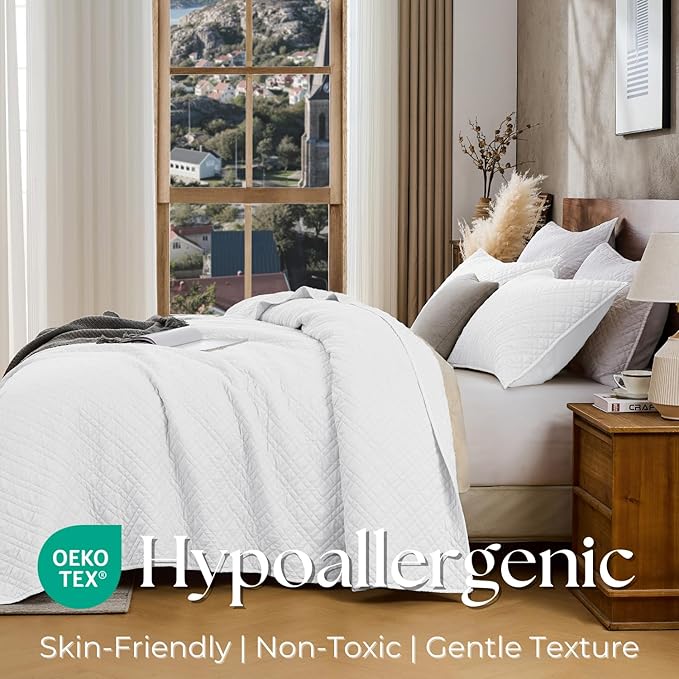 DOWN HOME Twin Quilt Set with Sham Lightweight Quilted Bedspread Coverlet Thin Comforter Bed Cover Vintage Washed Quilted Blanket for All Season, Brushed Microfiber Diamond Stitching, White, 66"x92"