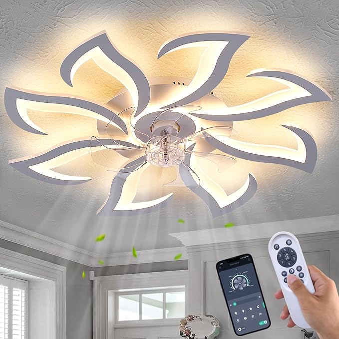 HuixuTe 32" White Modern 8-head Geometric Ceiling Fan with Lights Remote Control, Low Profile Ceiling Fan with Light for Kitchen Bedroom Living Room
