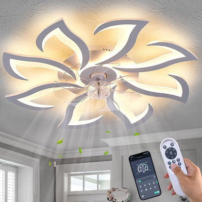 HuixuTe 32" White Modern 8-head Geometric Ceiling Fan with Lights Remote Control, Low Profile Ceiling Fan with Light for Kitchen Bedroom Living Room