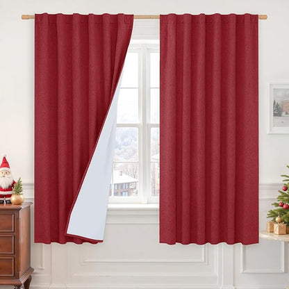 LAMIT 100% Blackout Red Linen Curtains, 63 Inches Linen Textured Thermal Bedroom Drapes Back Tab and Rod Pocket Christmas Panels with White Liner for Livingr Room, 2 Panels, 52 x 63 Inch