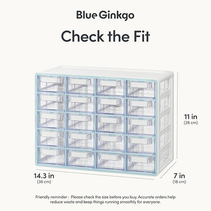 Blue Ginkgo Small 20-Drawer Cabinet – Stackable Clear Organizer for Hardware, Beads, Plastic Bricks, Office, and Craft Storage (Made in Korea, Blue)