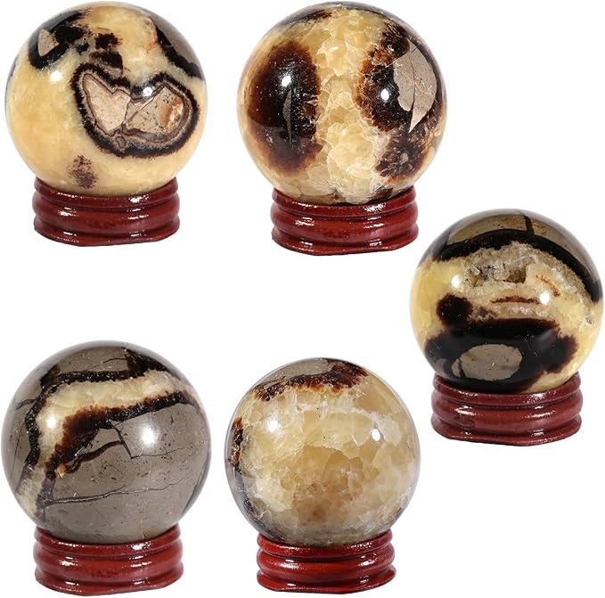 Nupuyai Natural Septarian Dragon Crystal Ball with Wooden Stand Healing Stone Sphere for Divination Fengshui Meditation Home Office Decor