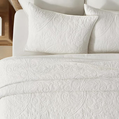 EVERGRACE 100% Cotton Paisley Quilt Set, Queen Size 3 Piece Set – Prewashed Lightweight Bedspread with 2 Shams, Soft & Breathable Matelasse Coverlet for All-Season Comfort, Bright White