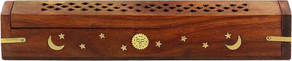 Sheesham Wood Incense Burner - Handmade Coffin Style Sun and Moon Inlay Incense Holder - Aromatherapy Room Freshener Cone Incense Stick Burner Ash Catcher - Zen Home Gift - 12x2x2 - COTTON CRAFT