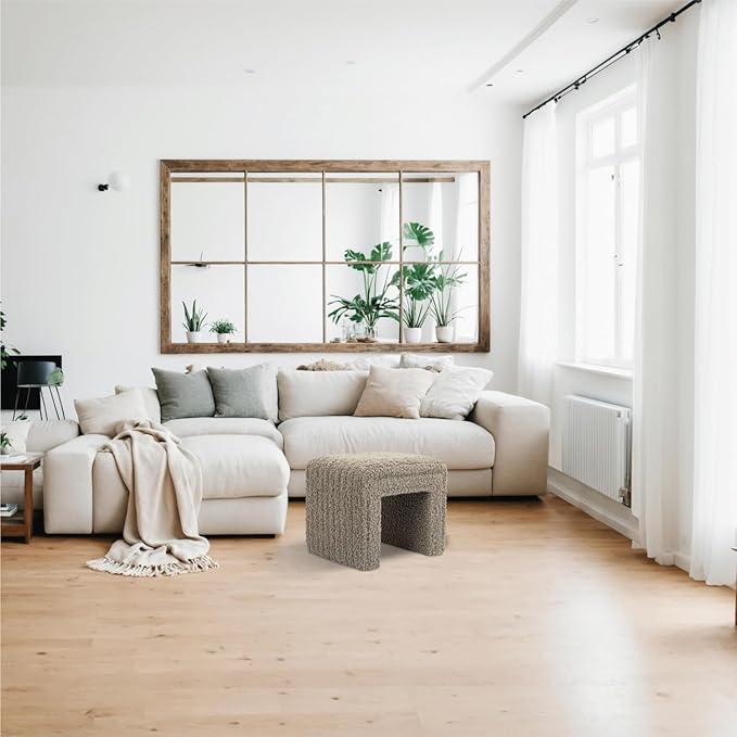 Get Set Style Vanity Stool Chair,Modern Wool Pouf Ottoman Foot Stool with Wooden Legs Sofa Bench Footstool Extra Seat for Vanity,Makeup Room,Living Room,Entryway,Office (Fully Assembled) (Khaki)