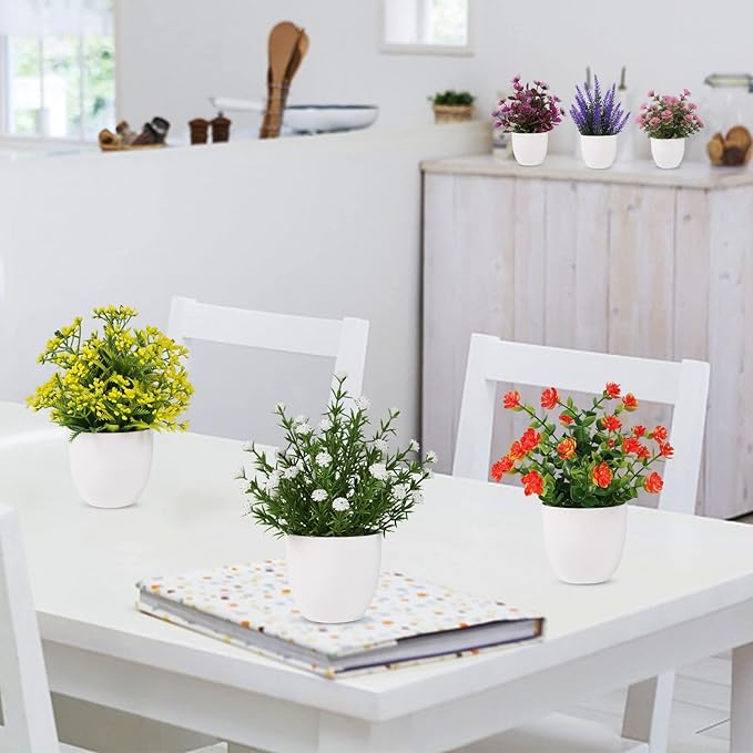 Artificial Small Plant 6pcs Fake Flower Potted Plant Bathroom Faux Plant for Indoor Decor Window Tabletop Office Colorful Flower