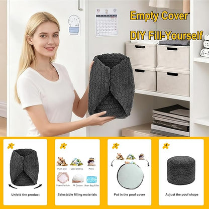 Unstuffed Ottoman Pouf Cover – Round Faux Fur Footstool Plush Floor Pouf (No Filler Included) Perfect for Living Room, Bedroom, or Office Lounge (Gray, 26x26x18 in)