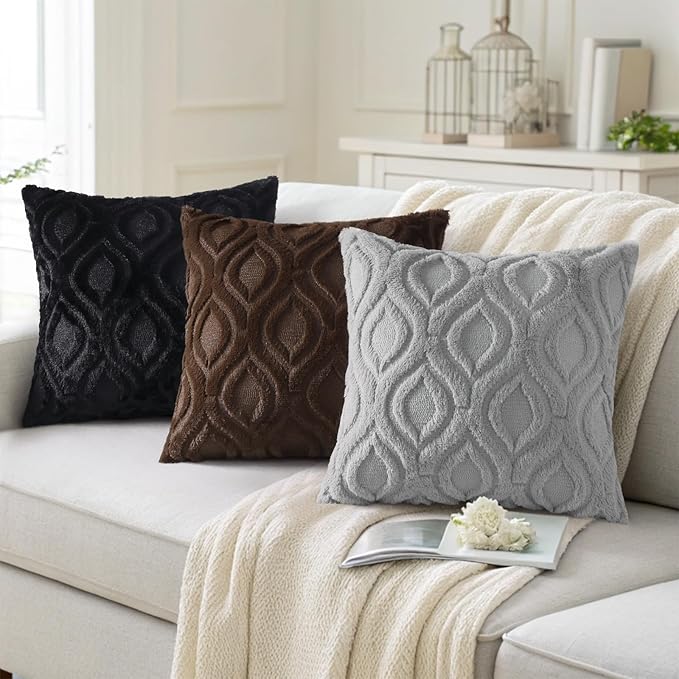 decorUhome Spring Throw Pillow Covers 18x18 Inch Set of 2, Soft Plush Faux Wool Brown Solid Couch Pillow Covers, Accent Farmhouse Neutral Square Pillow Cases for Sofa Bed Living Room