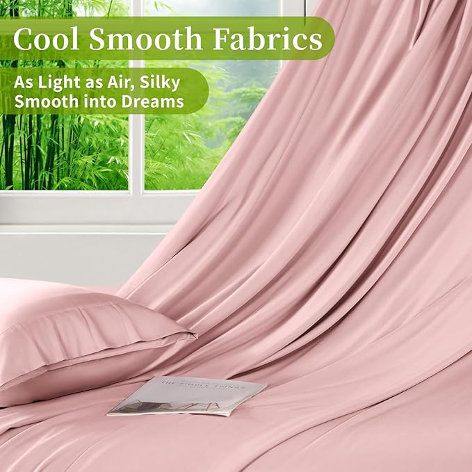 Shilucheng 100% Viscose Derived from Bamboo_ Sheets King Size 6pcs - Ultra Cooling & Silky Soft Bed Sheets, 16" Deep Pocket, Perfect for Hot Sleepers, Hotel Bedding Sheets (Light Pink)