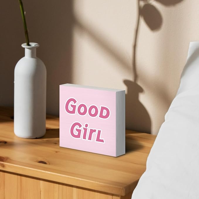 Trendy Coquette Wood Box Sign Desk Decor, Girly Pink Preppy Decor, Good Girl Wooden Block Sign Decorations for Home College Apartment Teen Girl Room Bedroom Living Wall Tabletop Shelf Decor