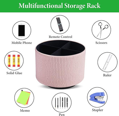 Round Leather Art Supply Organizer,Remote Control Holder,360 Degree Spinning,Multi-Functional Pencil Holder,4 Compartments Desktop Stationary Organizer(1-Wood Pink2)