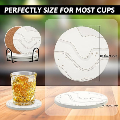 Coaster Set of 4, Drink Coasters with Holder, Absorbent Ceramic Coasters for Dining Table, 4 Inch Round Coasters Set for Drinks, Cup Coaster for Home Decor, Housewarming Gift, (R&C)