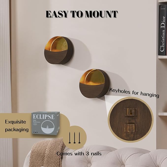 Eclipse Wall Candle Holder Set of 2, Metal Candle Sconces with Brushed Wood Grain and Gold Interior, Christmas Wall Decor for Living Room, Bedroom, and Modern Farmhouse
