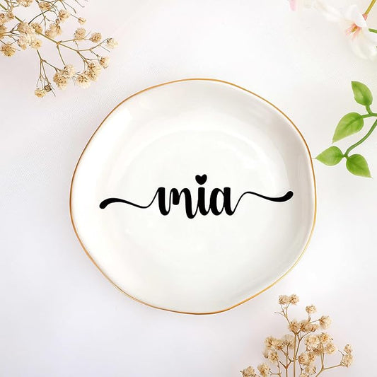 JoycuFF Mia Personalized Name Ceramic Jewelry Tray, Mothers Day Christmas Anniversary Engagement Birthday Gifts for Women Couples, Trinket Dish for Rings Earrings Necklaces Bracelets Keys