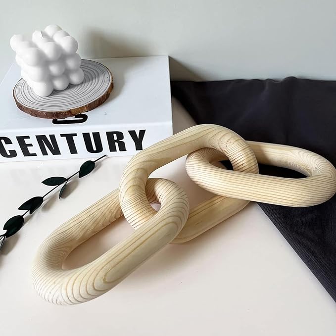 Wood Knot Decor, 3 Link Boho Wooden Chain Link Decor,Modern Rustic Home Decorations for Book Shelf Fireplace Coffee Table Living Room Décor (Natural)
