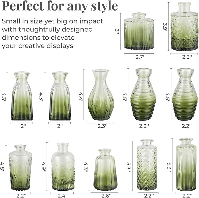 BEAHOT 32 Pack Bud Vase in Bulk,Mini Green Vintage Glass Flower Vases for Centerpieces,Wedding Decor,Party & Home Decaration,Mother's Day (Green-Gradient)