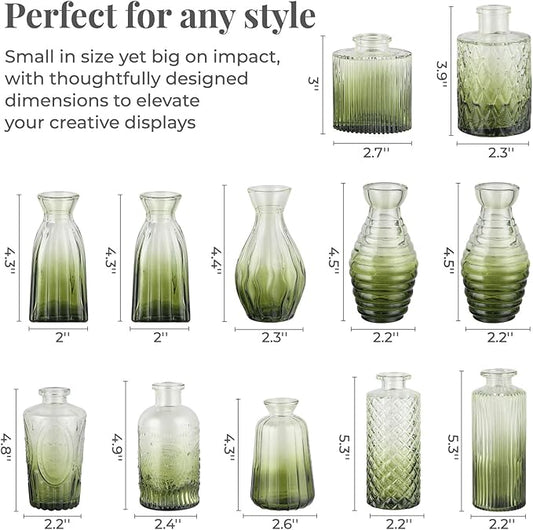 BEAHOT 32 Pack Bud Vase in Bulk,Mini Green Vintage Glass Flower Vases for Centerpieces,Wedding Decor,Party & Home Decaration,Mother's Day (Green-Gradient)