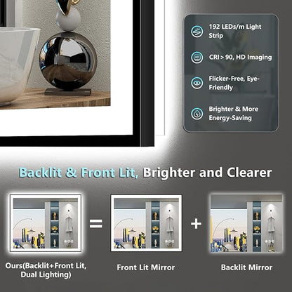 30"x36" Black Framed LED Bathroom Mirror with Lights, Backlit & Front Lit, Anti-Fog Lighted Vanity Mirrors for Bathroom Wall, Dimmable, 3 Colors, Memory, Shatter-Proof, Tempered Glass, CRI＞90