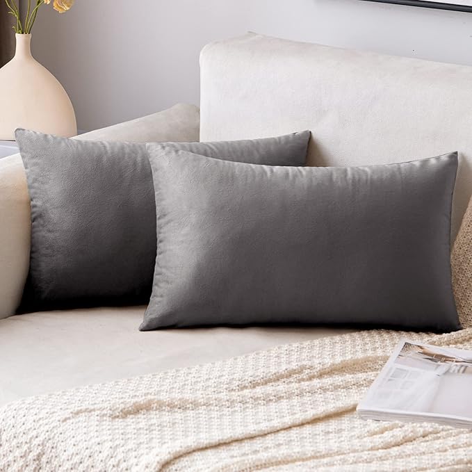 EMEMA Pack of 2 Velvet Throw Pillow Covers Decorative Rectangle Pillowcase Soft Solid Cushion Case for Sofa Bedroom Chair Car 12x20 Inch Grey