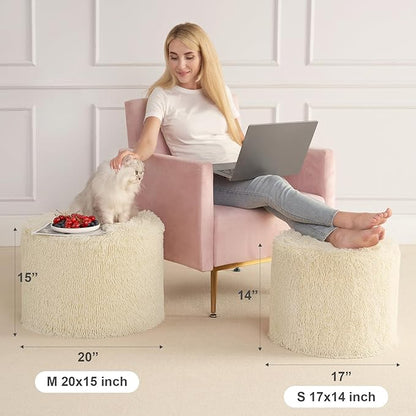 Hansleep Pouf Ottoman Foam Filled 17 x 14, Faux Fur Round Ottoman Foot Rest for Chair with Washable Cover, Foot Stools Under Desk for Living Room & Bedroom, Beige