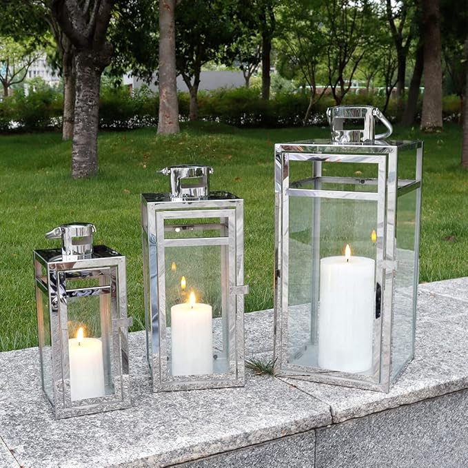 TRIROCKS Stainless Steel Lantern Set of 3, 19" Tall Metal Hanging Lanterns with Clear Glass Panels, Indoor & Outdoor Home Decor for Living Room, Tabletop, Parties & Events - Silver Finish