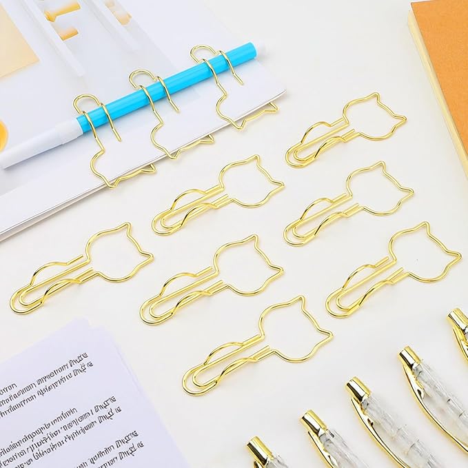 10-Pack Metal Pen Clips - Cute Cat Shaped Gold Paperclip Pen Holder for Notebooks and Papers - Metal Pen Clip Holder and Pen Holder Clip - School Office Supplies