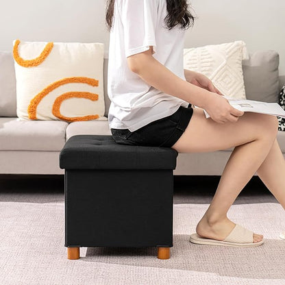 PINPLUS Storage Ottoman Cube, Linen Footrest with Wooden Legs, Foldable Fabric Footrest, Comfortable Seat with Lid, Ottoman with Storage for Living Room, 15"x 15"x 15"