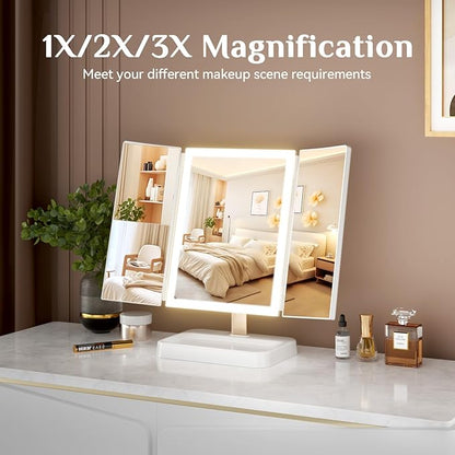 Rechargeable Large Makeup Device with Lights, 1x/2x/3x Magnification & Dimming, 3 LED Color Modes, 4H Cordless Portable Tool for Women - Perfect Valentines Gift