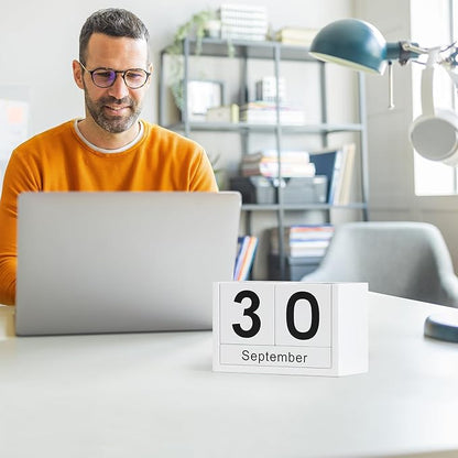 Wooden Block Calendar for Desk, Small Size Daily Desktop Perpetual Desk Calendar, Cute Date Display Desk Accessories for Home Office Decor, Teacher, Classroom, Reusable Yearly, White