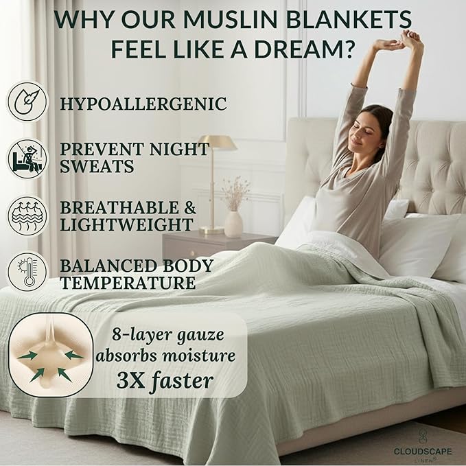 Cloud Scape Linen 8-Layer Muslin Blanket King Size for Adult - 100% Cotton, Breathable and Soft, Perfect Winter Cozy Blanket, Fits up to California King Bed, 92x108, Seafoam