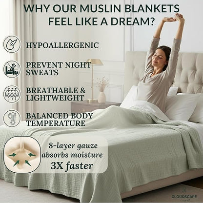 Cloud Scape Linen 8-Layer Muslin Blanket King Size for Adult - 100% Cotton, Breathable and Soft, Perfect Winter Cozy Blanket, Fits up to California King Bed, 92x108, Seafoam