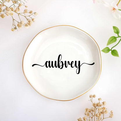 JoycuFF Aubrey Personalized Name Ceramic Jewelry Tray, Mothers Day Christmas Anniversary Engagement Birthday Gifts for Women Couples, Trinket Dish for Rings Earrings Necklaces Bracelets Keys