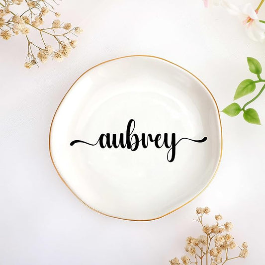 JoycuFF Aubrey Personalized Name Ceramic Jewelry Tray, Mothers Day Christmas Anniversary Engagement Birthday Gifts for Women Couples, Trinket Dish for Rings Earrings Necklaces Bracelets Keys