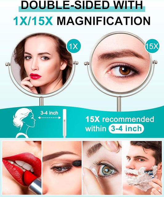 ALHAKIN 1X/15X Magnifying Makeup Mirror, Double Sided Mirror with Stand, Tabletop Desk Mirror 360°Rotation for Bathroom, Nickel
