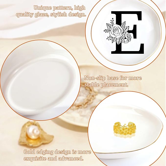 Initial E Ceramic Jewelry Tray, Bridesmaid Bride Gifts, Mothers Day Christmas Anniversary Engagement Birthday Gifts for Women Couples, Trinket Dish for Rings Earrings Necklaces Bracelets Keys