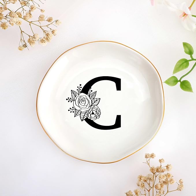 JoycuFF Initial C Ceramic Jewelry Tray, Bridesmaid Bride Gifts, Mothers Day Christmas Anniversary Engagement Birthday Gifts for Women Couples, Trinket Dish for Rings Earrings Necklaces Bracelets Keys
